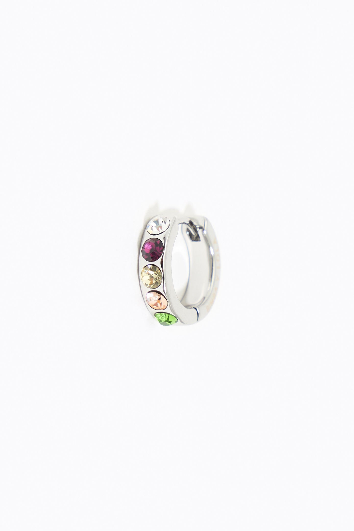 Small silver hoop earrings with multicolor crystals