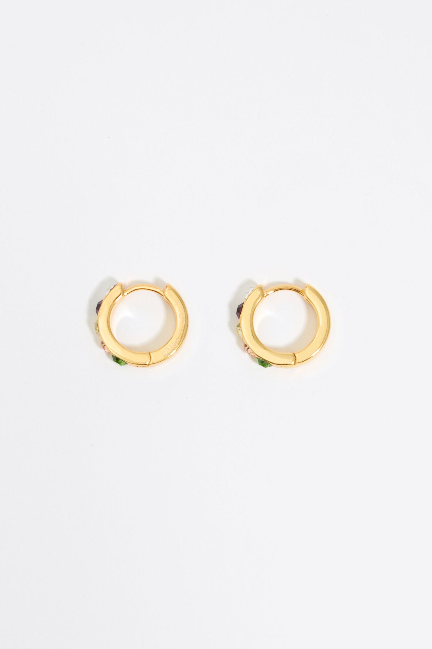 Small gold hoop earrings with multicolor crystals