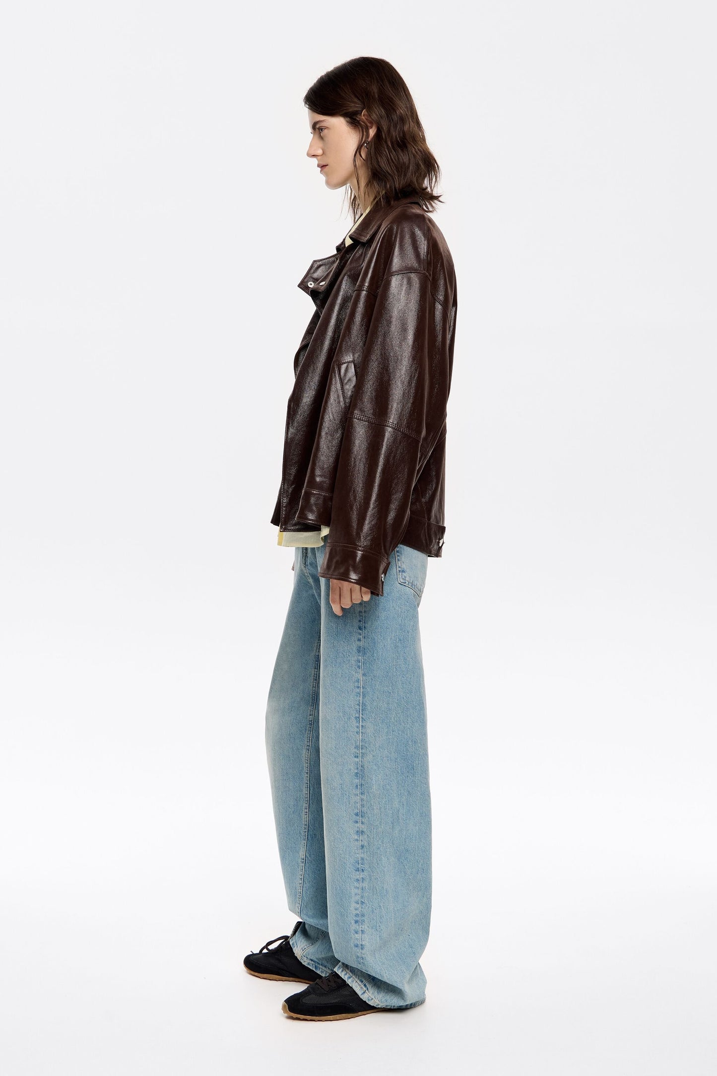 Dark brown satin finish leather jacket