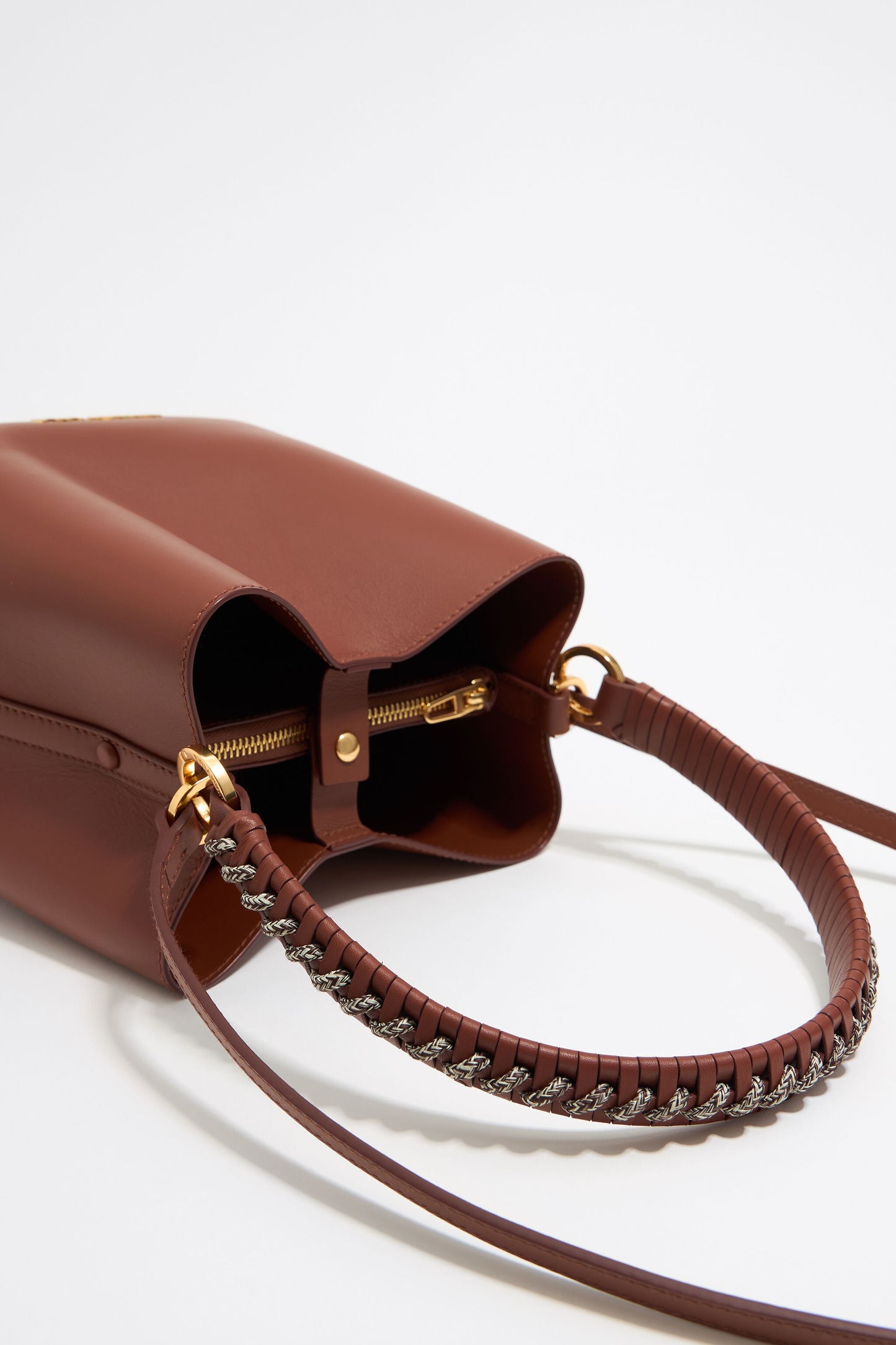 Small walnut leather Chihuahua bucket bag