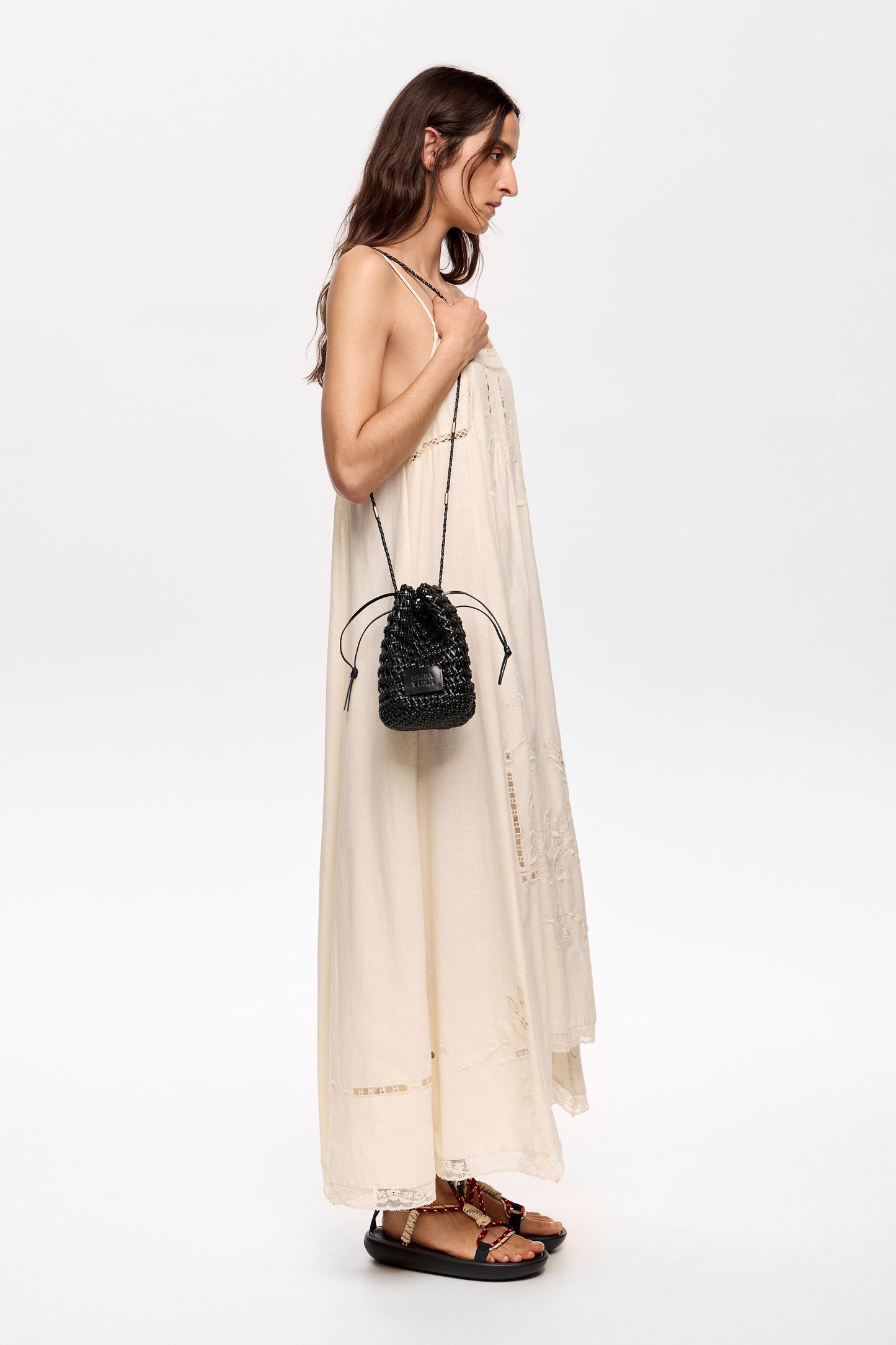 Small black plaited leather bucket bag
