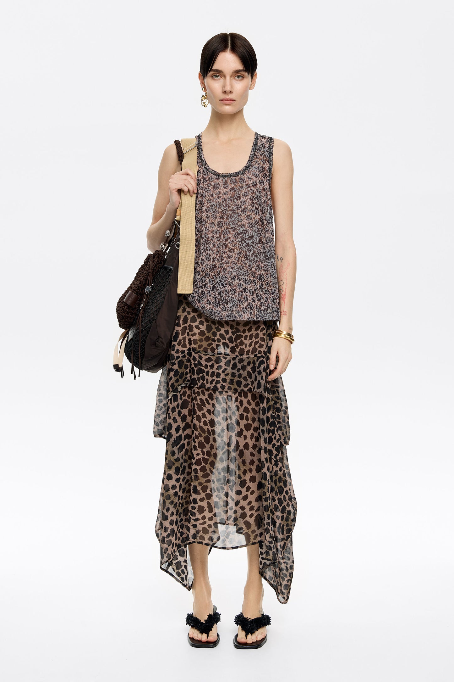 Khaki Cheetah asymmetric fluid skirt