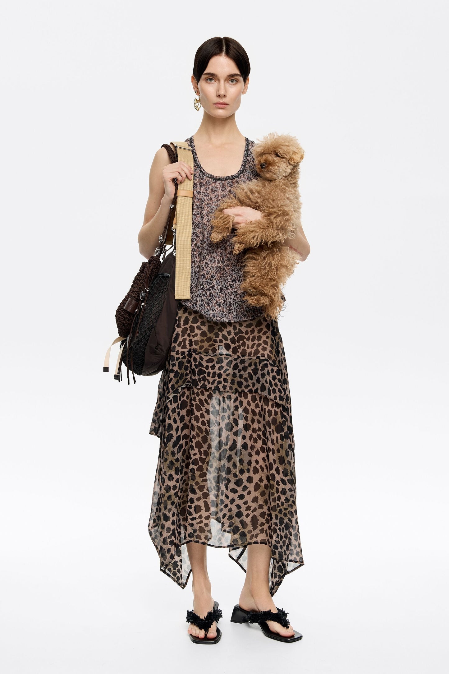 Khaki Cheetah asymmetric fluid skirt