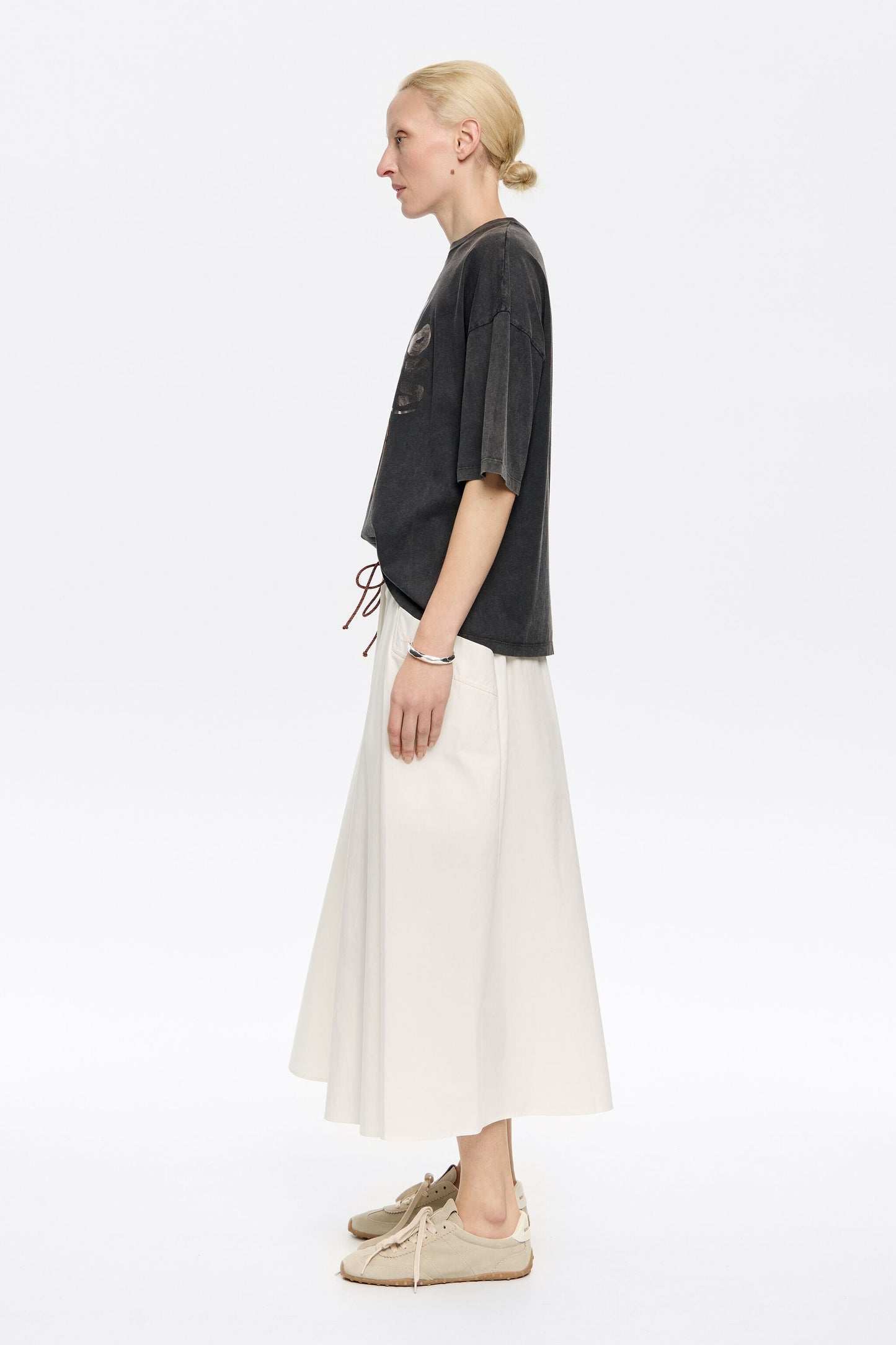 White A-line midi skirt