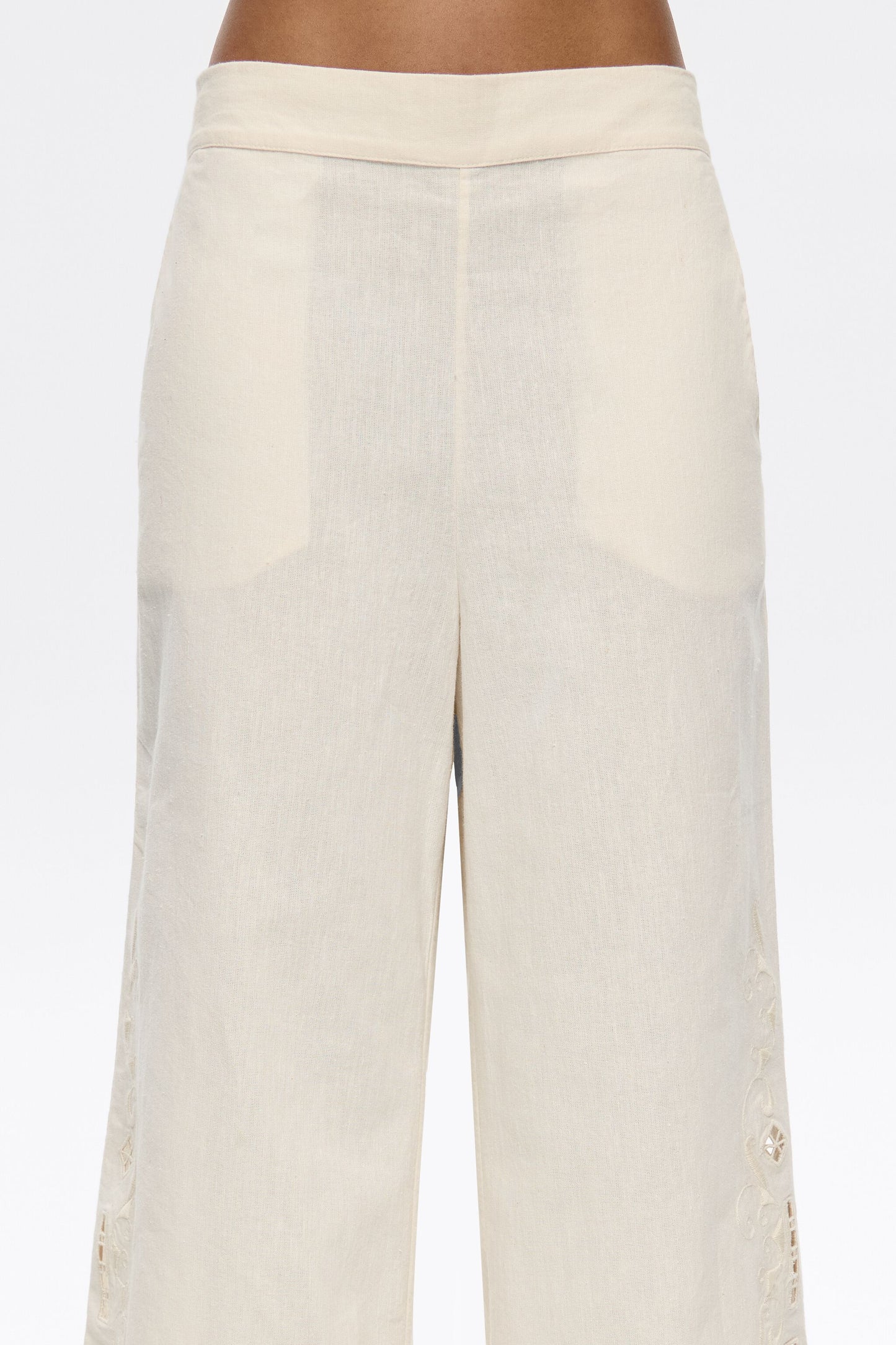 Cream linen embroidered straight trousers