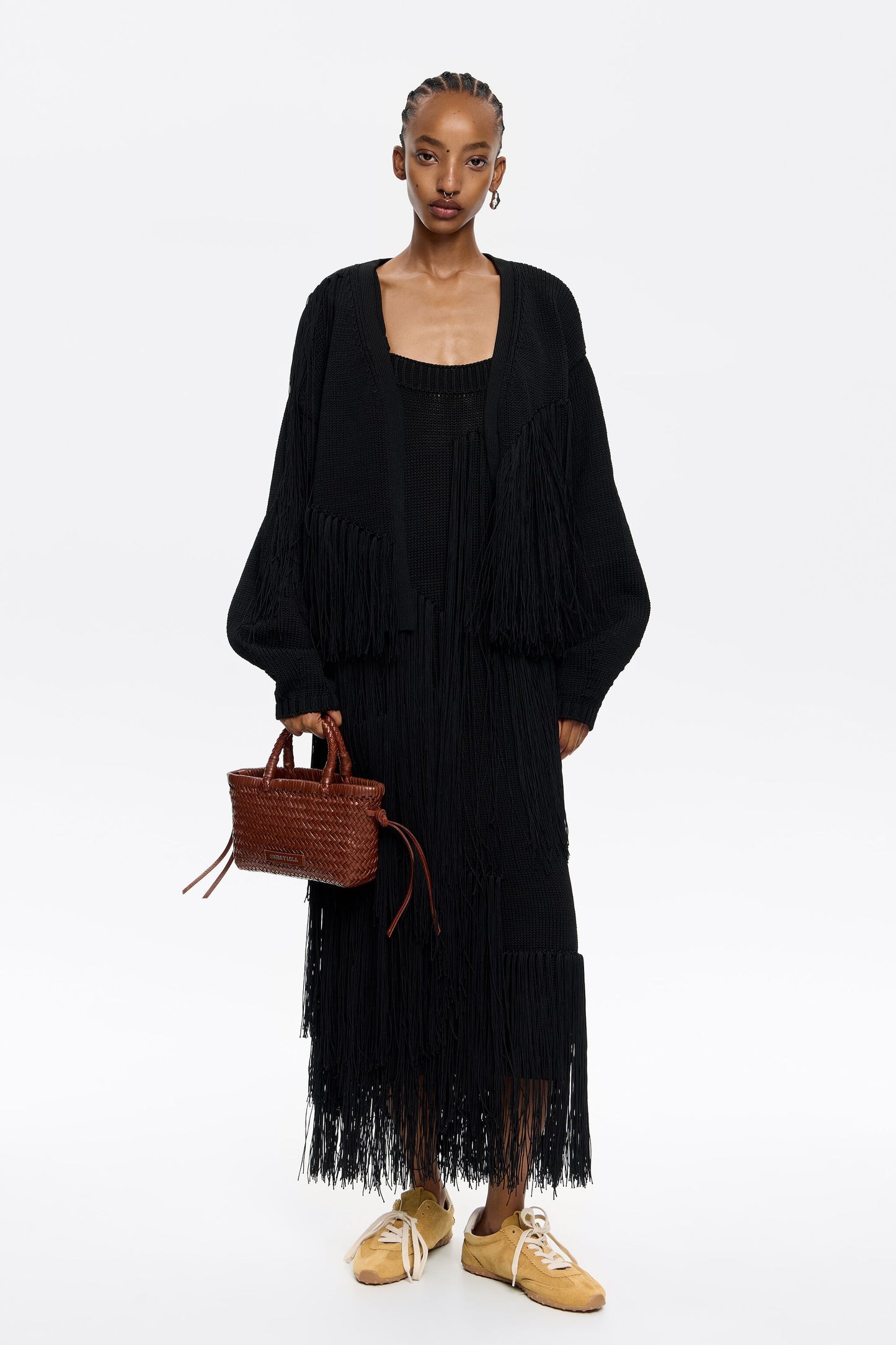 Black fringed knit dress