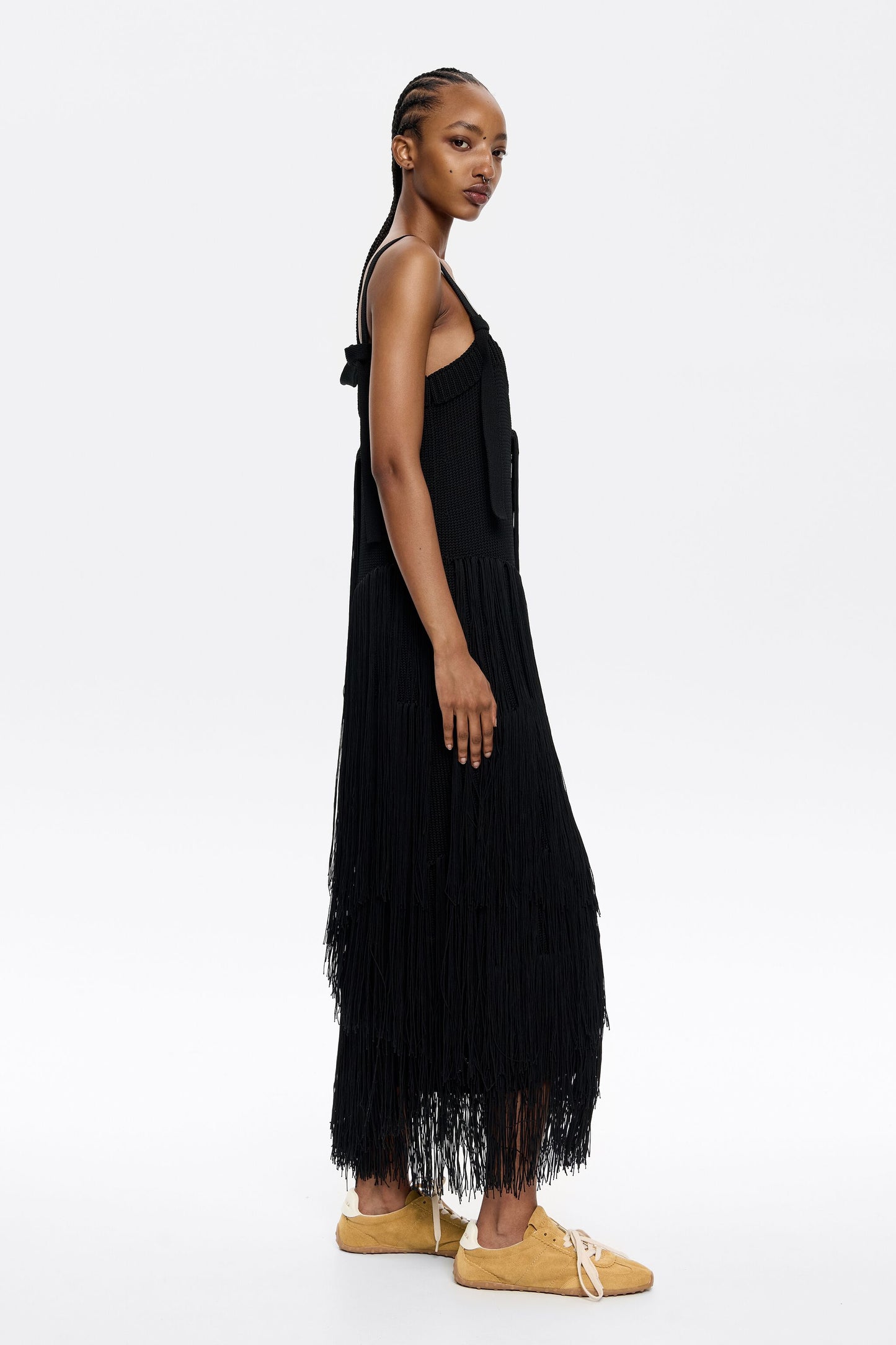 Black fringed knit dress