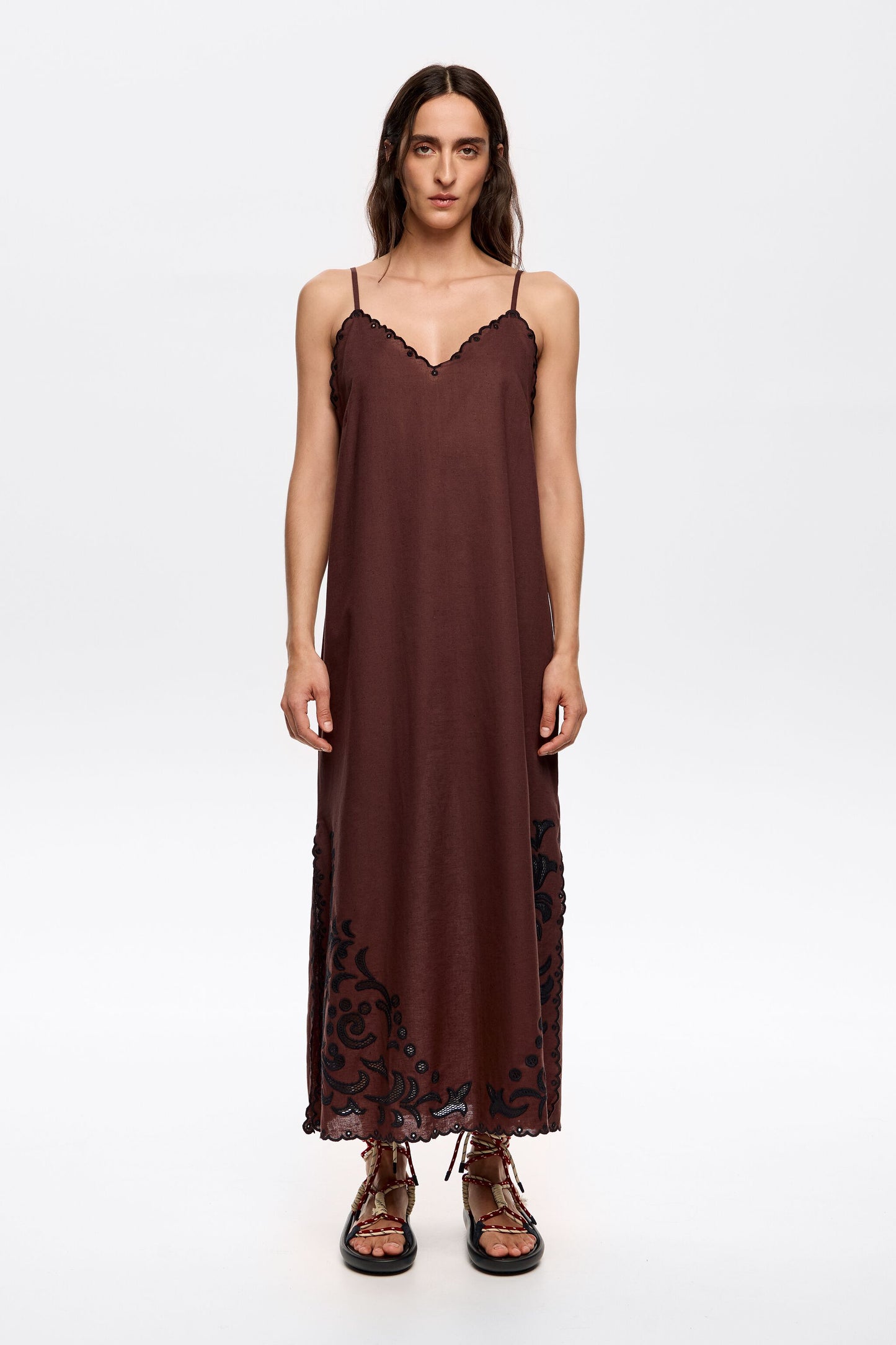 Dark brown embroidered linen dress