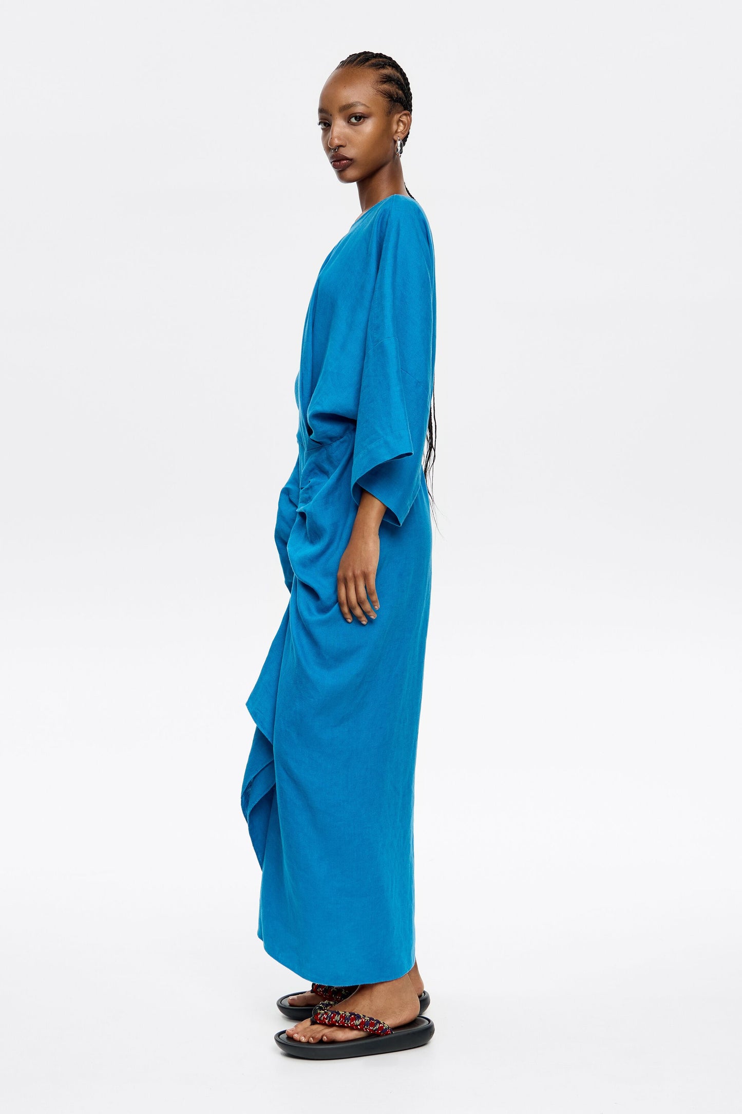 Electric blue linen dress with ruffle