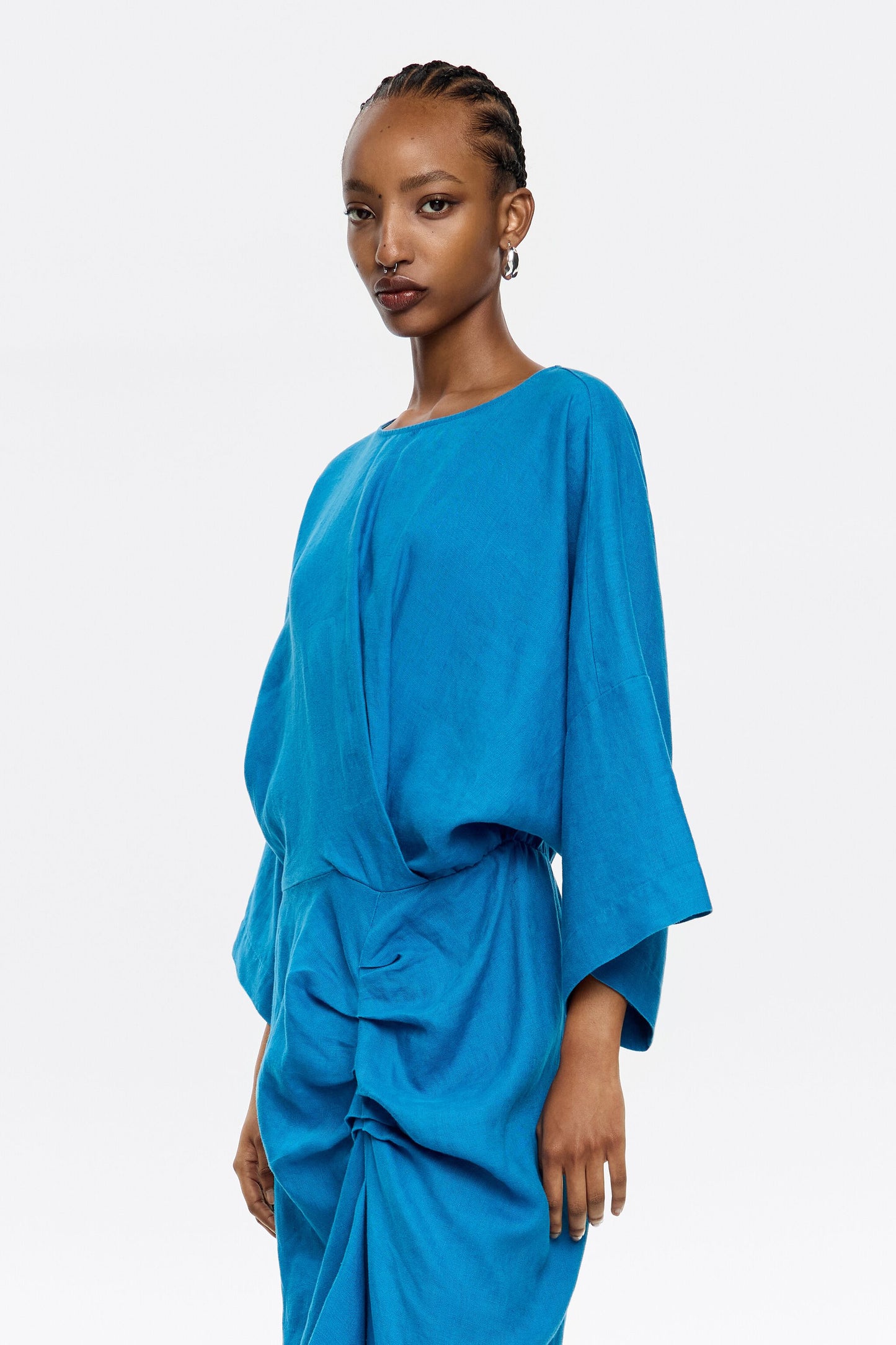 Electric blue linen dress with ruffle