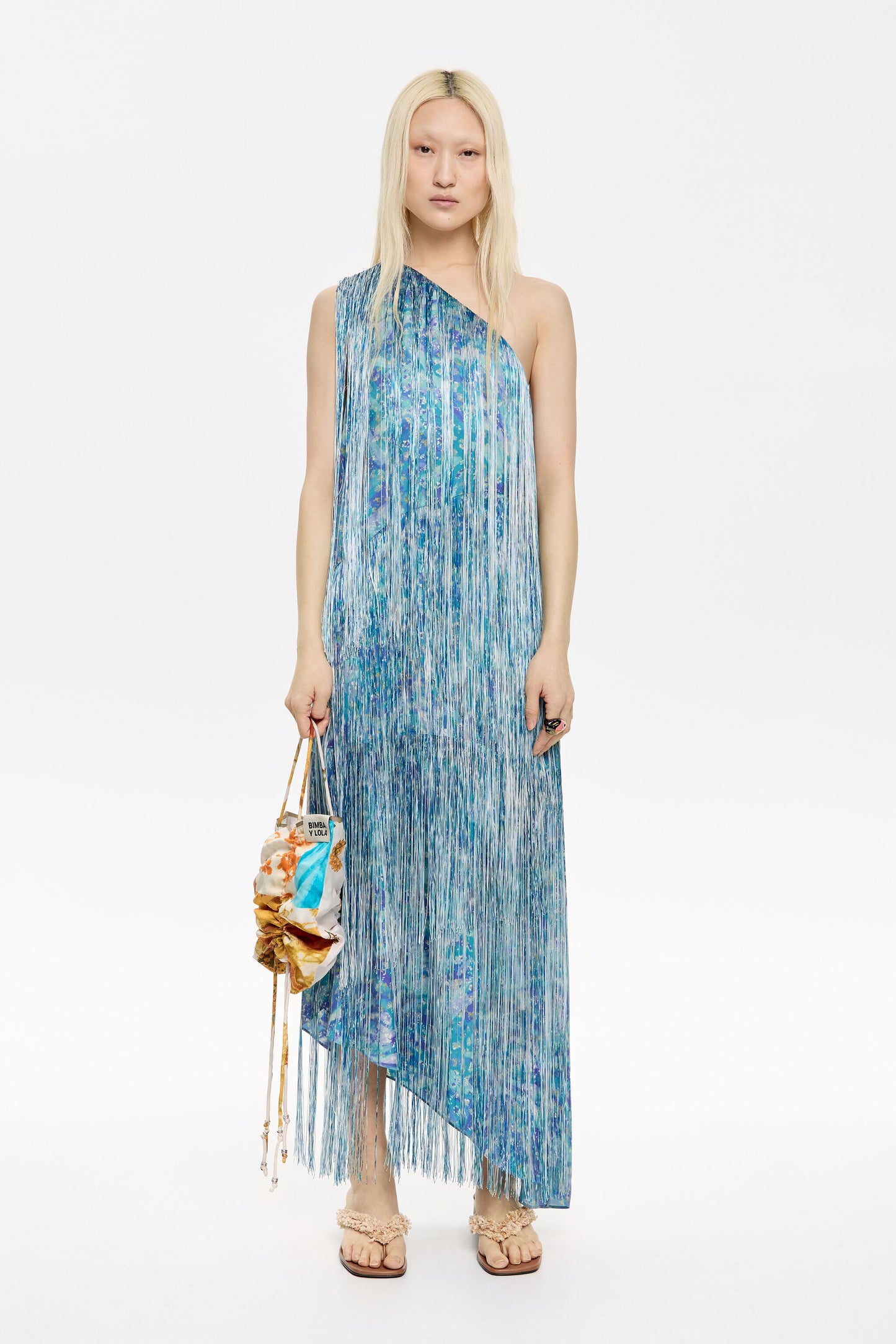 Blue floral patchwork fringed dress