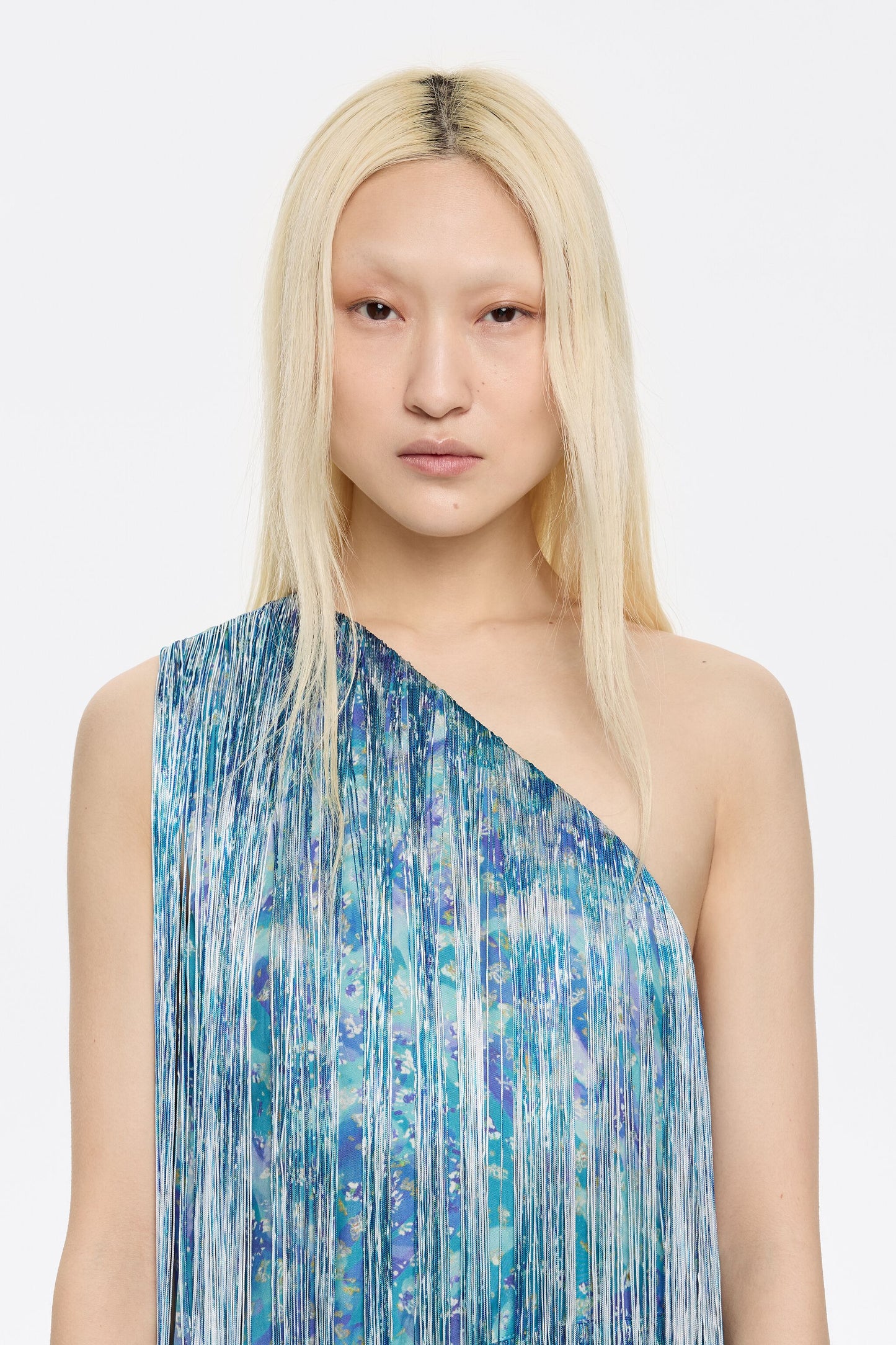 Blue floral patchwork fringed dress