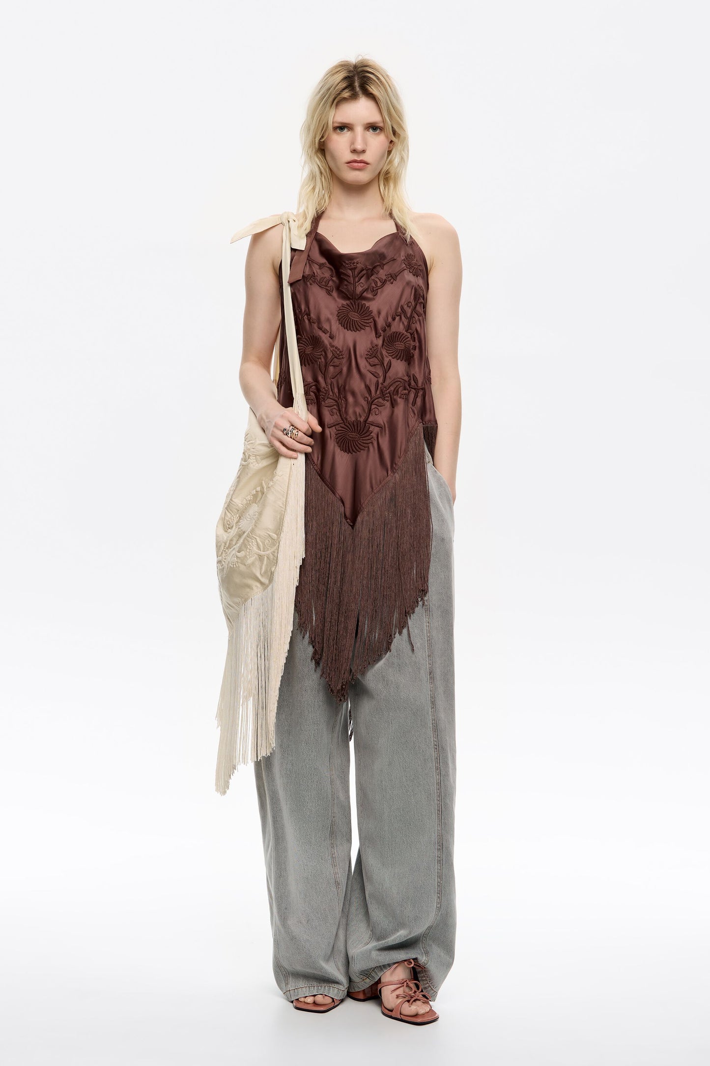 Brown embroidered fringed halter top