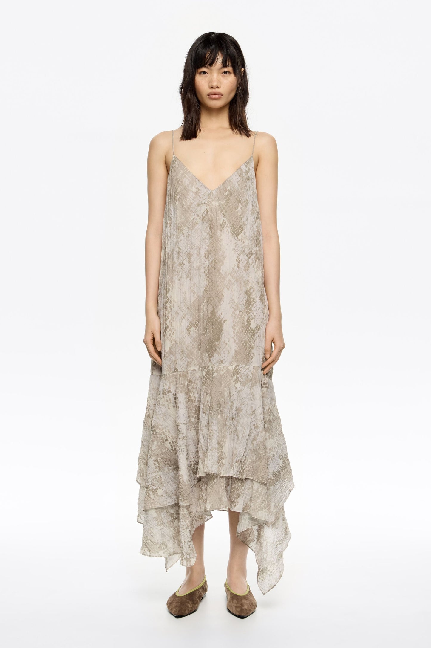 Taupe Snake asymmetric pleated dress