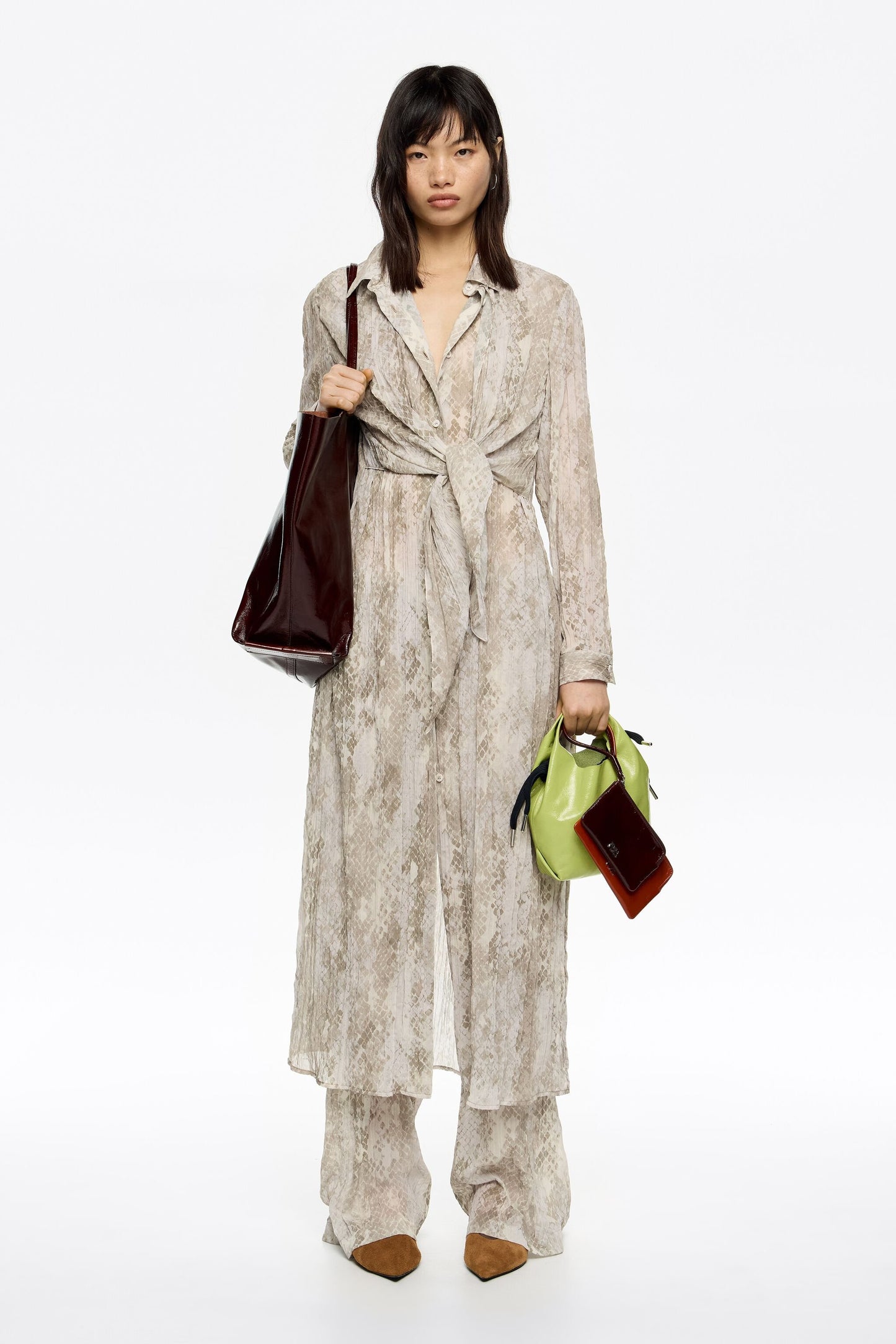 Taupe Snake maxi tie pleated dress