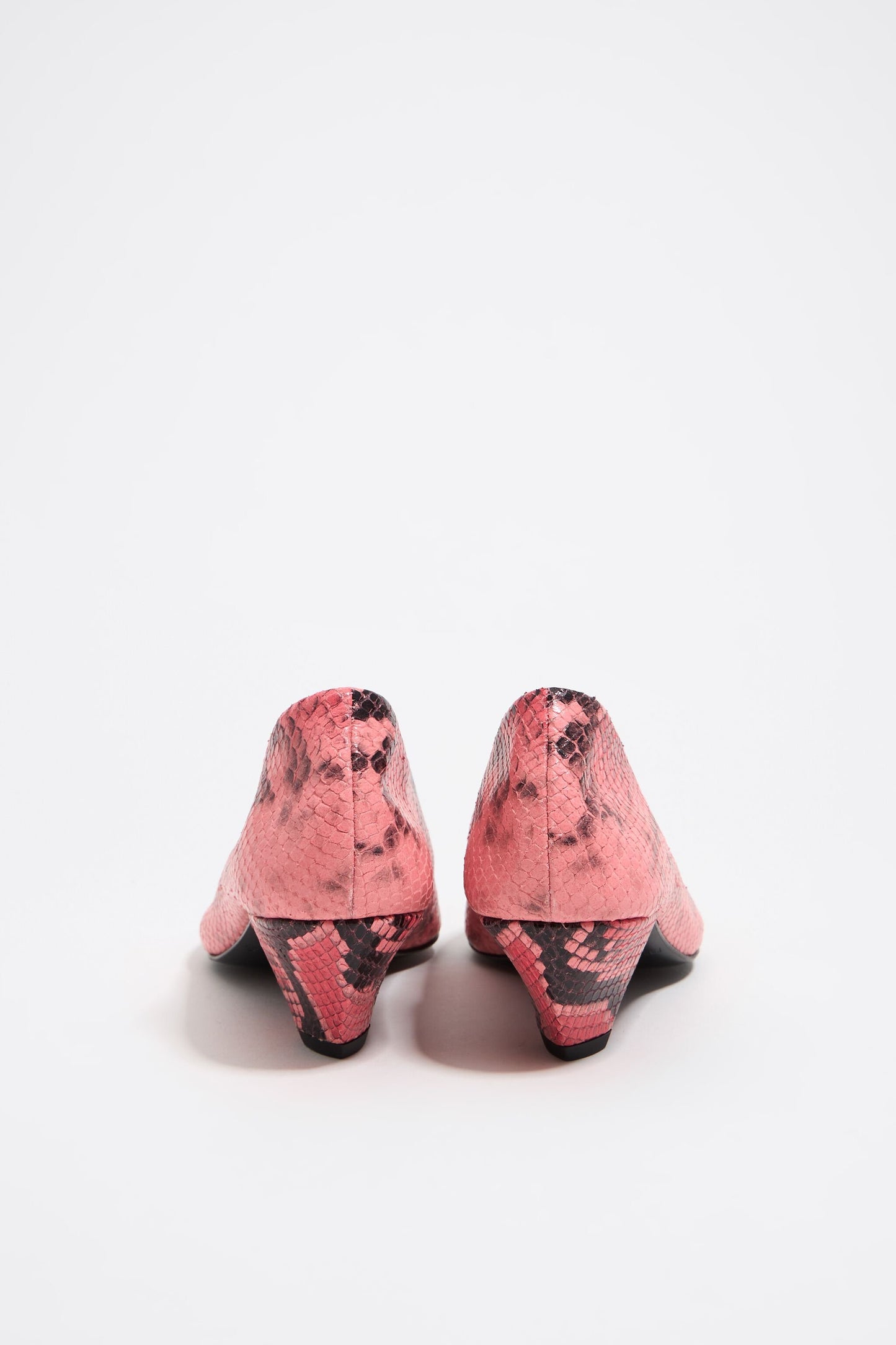 Pink leather medium heel snake print court shoe