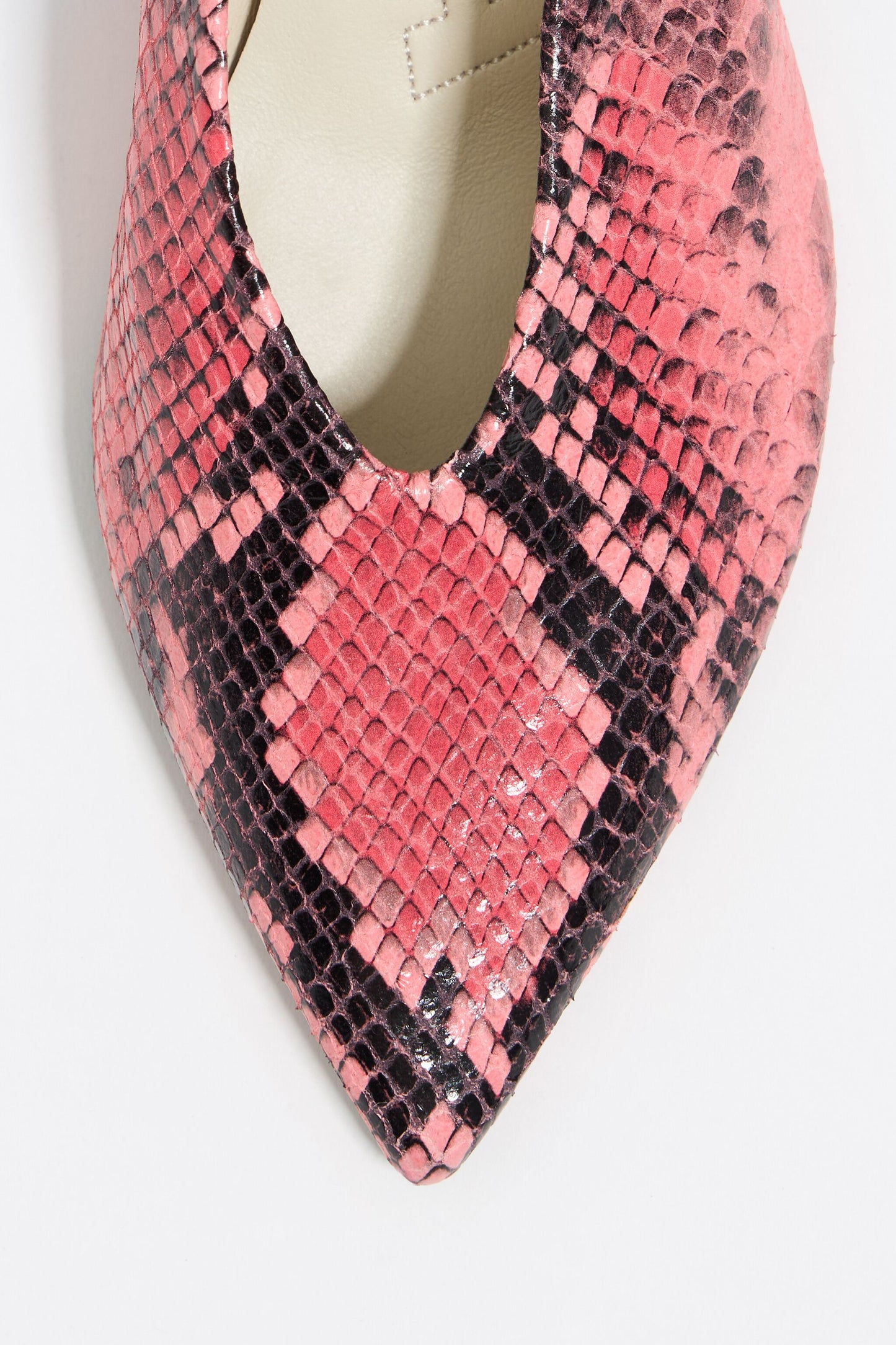 Pink leather medium heel snake print court shoe