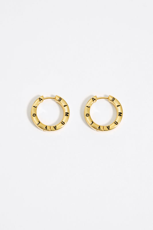 Black logo golden hoop earrings