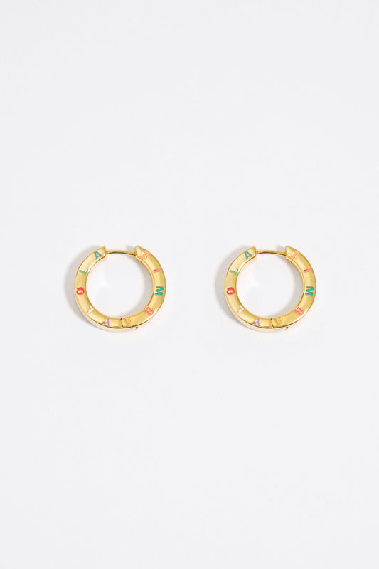 Multi-pastel logo golden hoop earrings