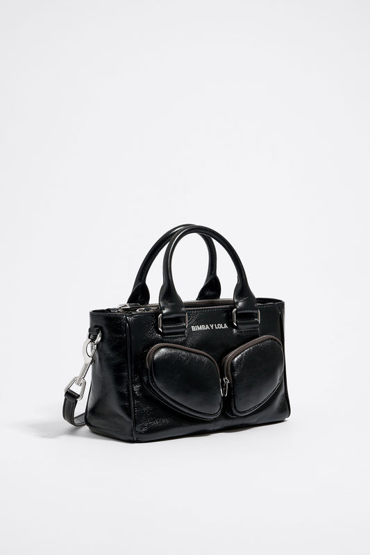 Medium black leather Pocket tote bag