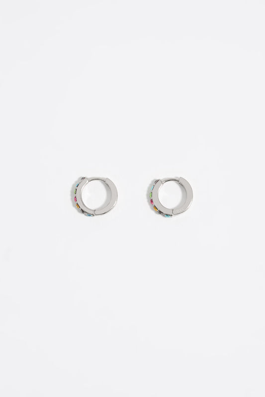 Silver mini hoop earrings with multicolored crystals