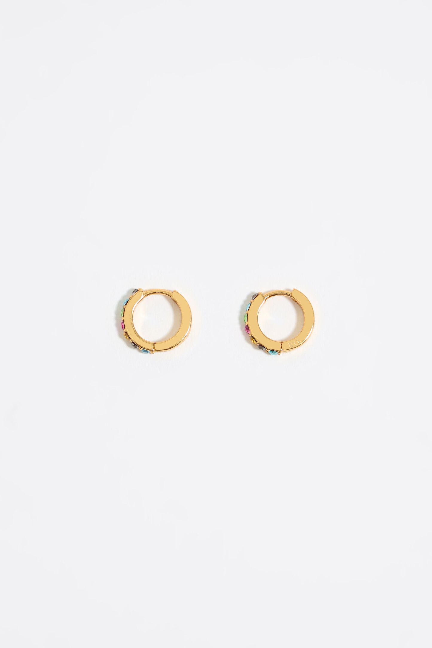 Golden mini hoop earrings with multicolored crystals