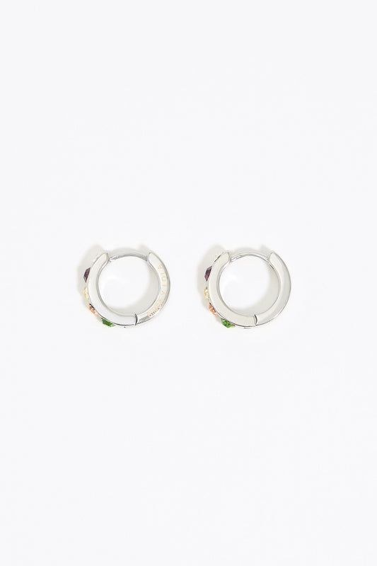Small silver hoop earrings with multicolor crystals
