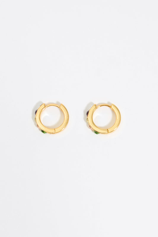 Small gold hoop earrings with multicolor crystals