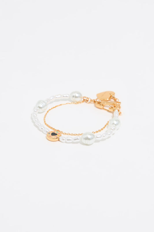 Heart logo double chain and pearl bracelet