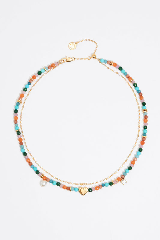 Multicolor stones and gold heart necklace