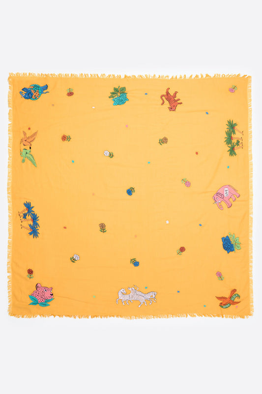 Embroidered animals cotton shawl