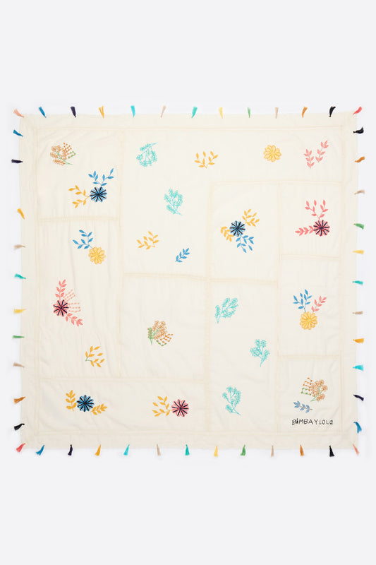 Embroidered floral patchwork cotton shawl
