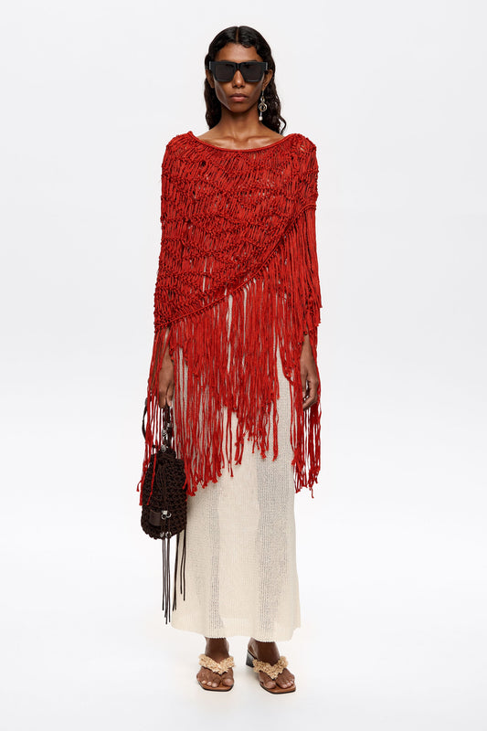 Red fringed plaited shawl