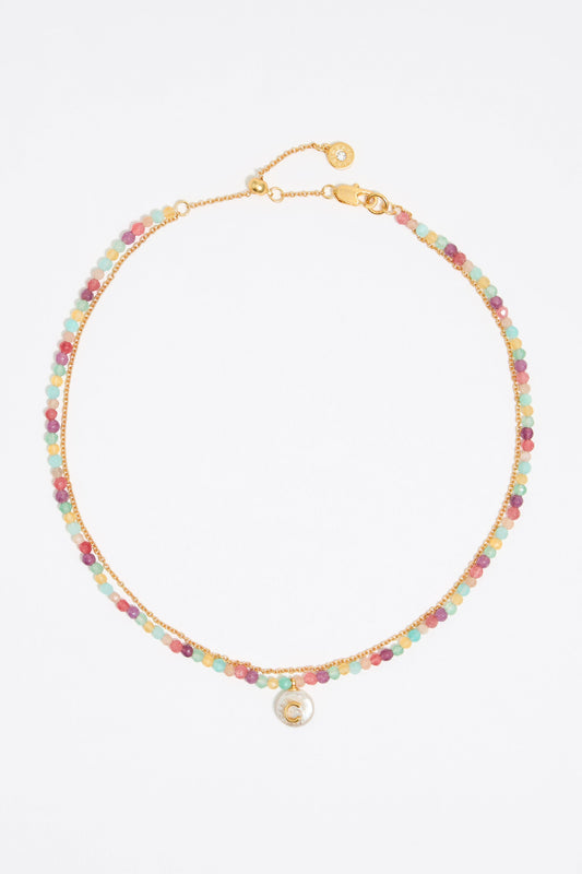 Letter C pearl and multicolor stones necklace