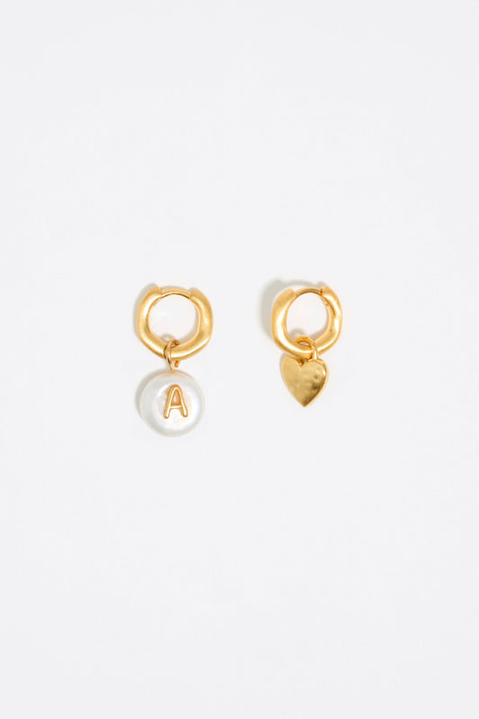 Letter A pearl and heart hoop earrings