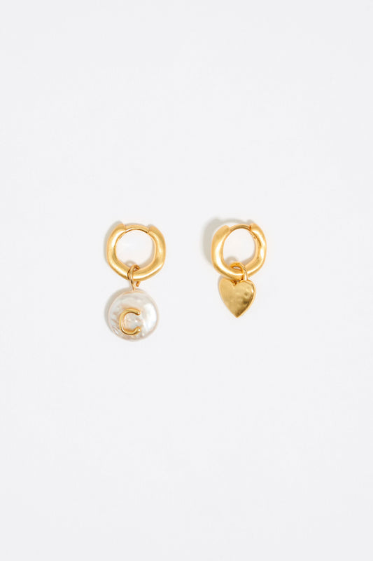 Letter C pearl and heart hoop earrings