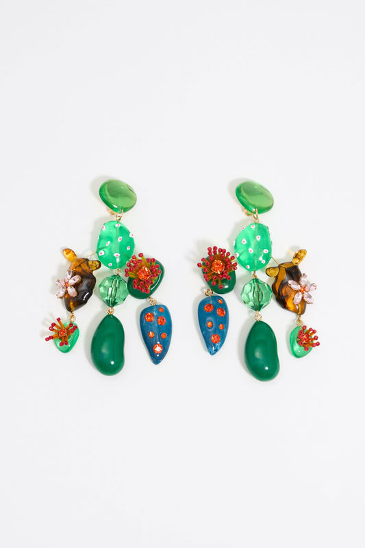 Green cactus and flowers earrings