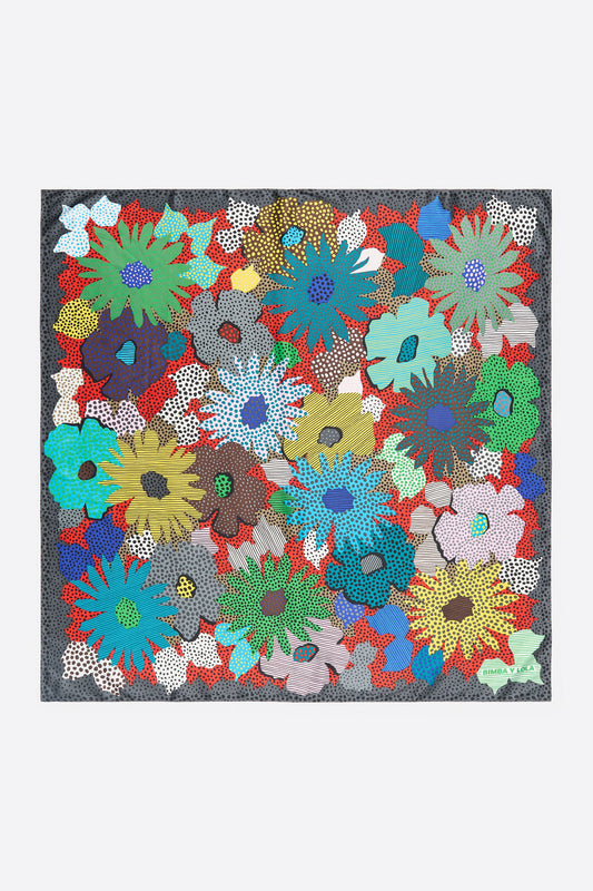 Red flowers, dots and stripes scarf