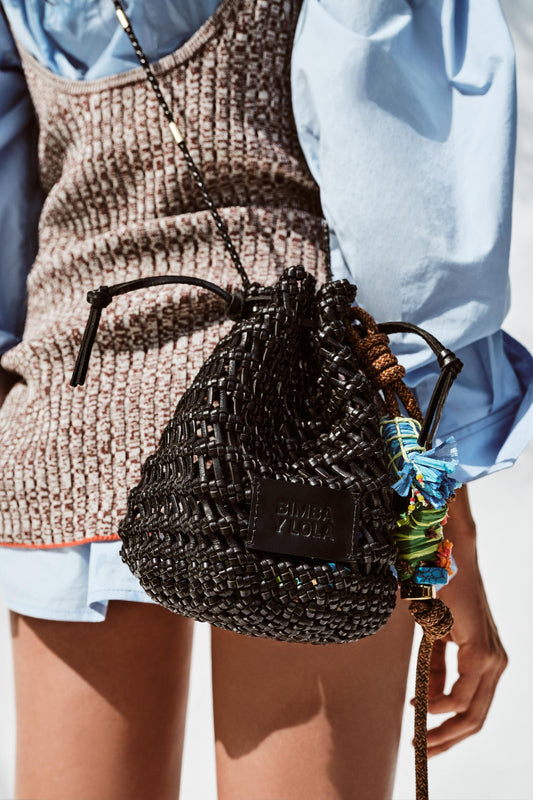 Small black plaited leather bucket bag