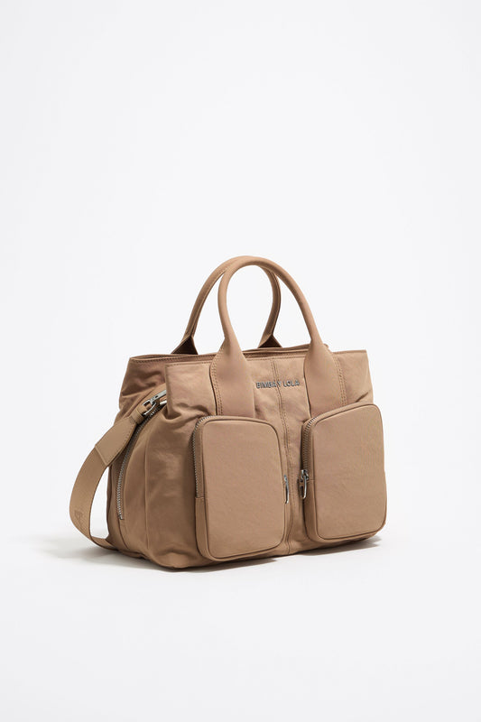 Large bark brown nylon Pocket handbag