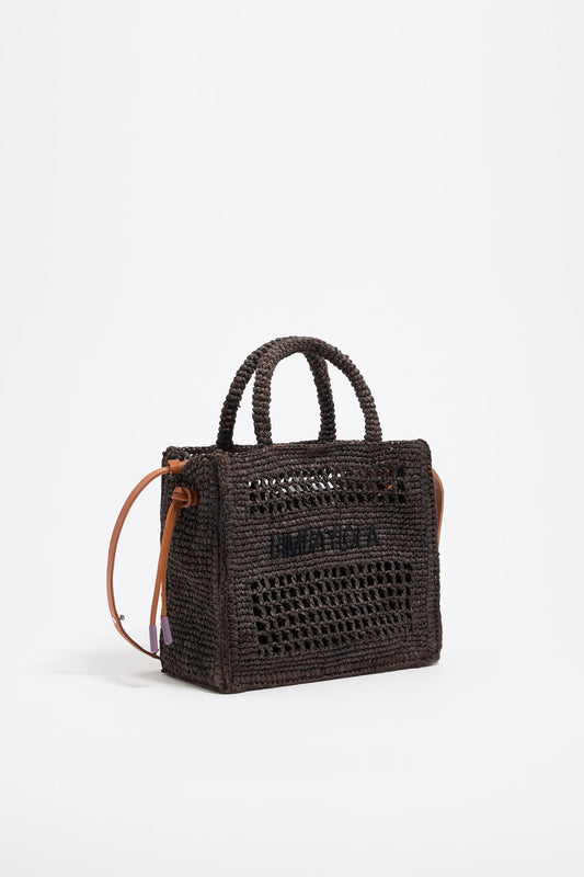 Small chocolate raffia shopper bag