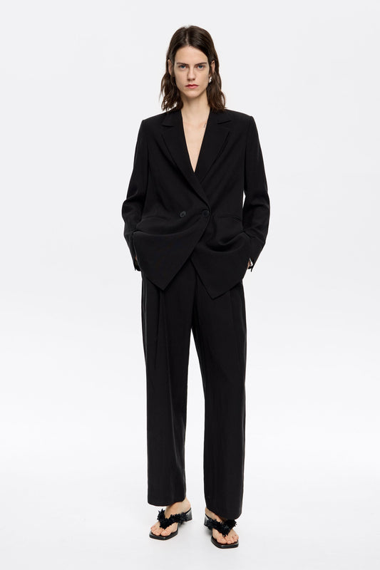 Black darted ankle-length trousers