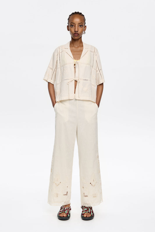 Cream linen embroidered straight trousers