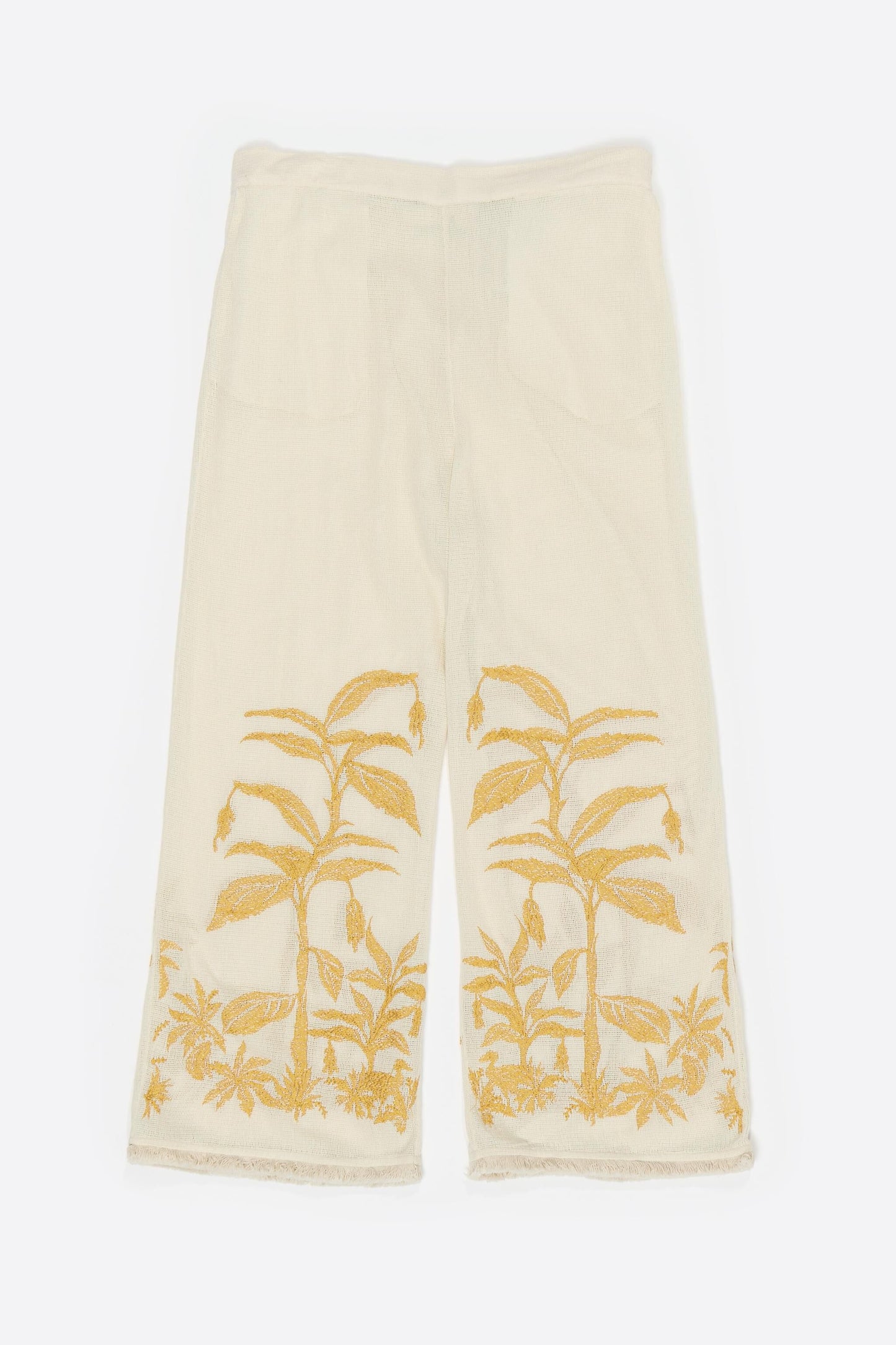 Straight vanilla trousers with embroidery and frayed details