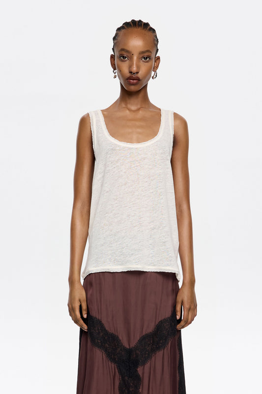 Ivory linen T-shirt with raw edges