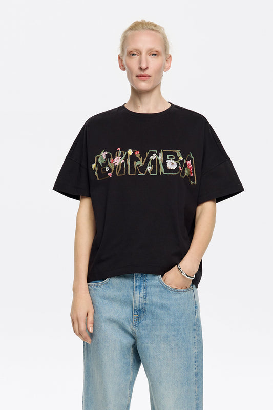 Boxy black floral logo T-shirt