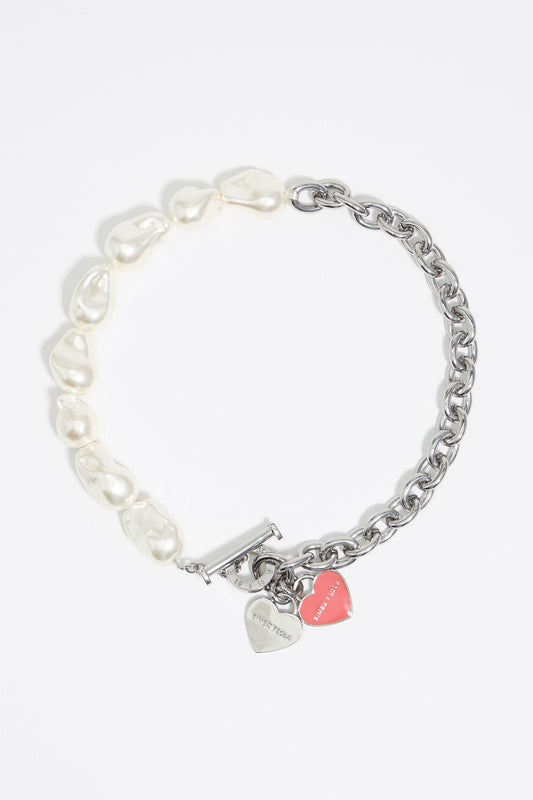 silver-tone chain and pearl heart logo necklace
