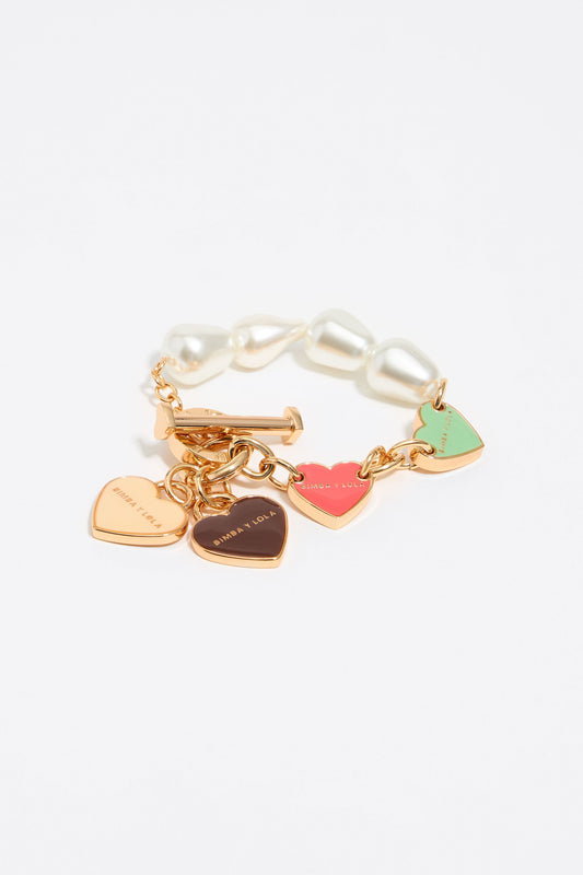 Gold-tone chain and pearl heart logos bracelet