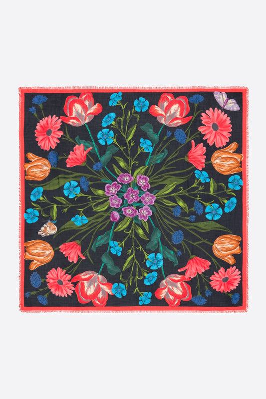 Black botanical flowers shawl