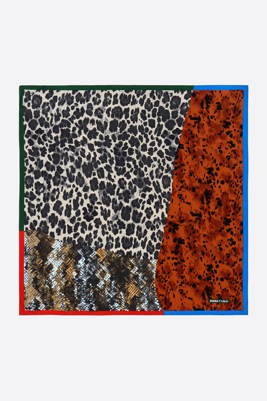 Brown animal print patchwork scarf with contrast borders